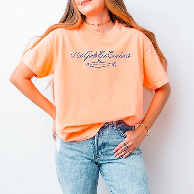 Simply Sage Market - Hot Girls Eat Sardines Cursive Women's Garment Dyed Graphic T-Shirt