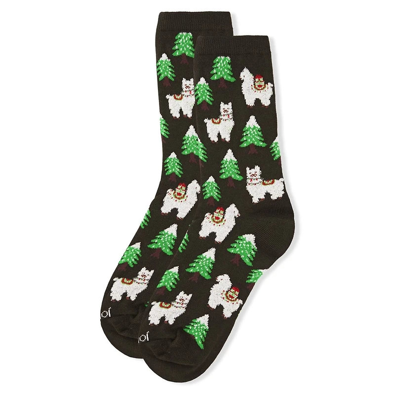 MeMoi Women's Llama Trees Christmas Crew Socks
