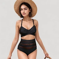 Anna-Kaci Women's Wrap Bikini Top with Mesh High Waist Bottom for Sleek and Modern Two-Piece Swimsuit Look