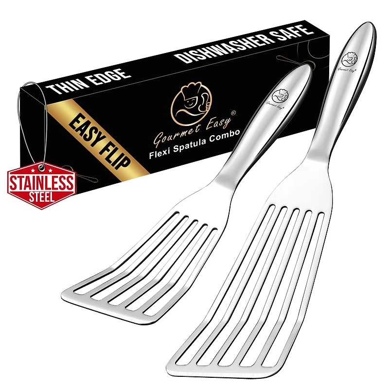 Gourmet Easy Stainless Steel Fish Spatula Set – 1 Large + 1 Small Metal Spatula