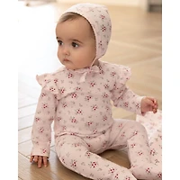 MeMoi 3 Piece Baby Girls Mini-Ribbed Cotton Rich Ruffled-Sleeve Floral Footie Set