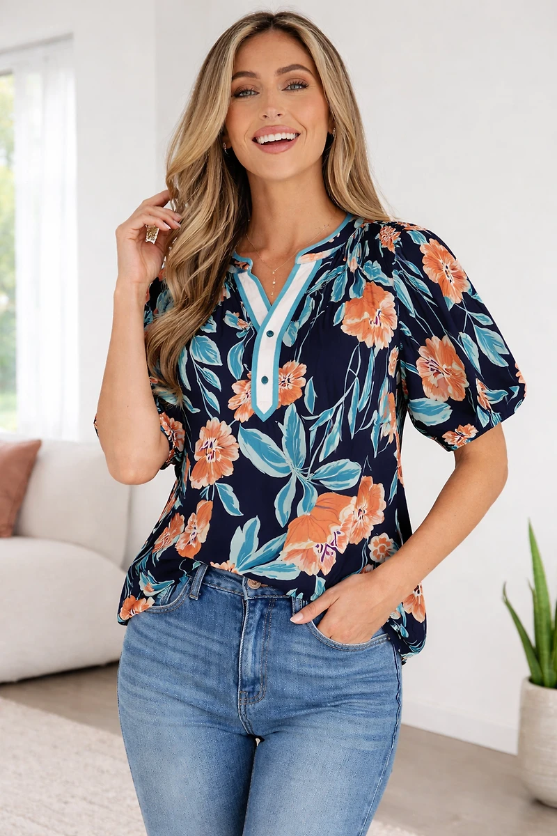 Threaded Pear Women's Ila Bubble Sleeve Notched Blouse