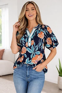 Threaded Pear Women's Ila Bubble Sleeve Notched Blouse