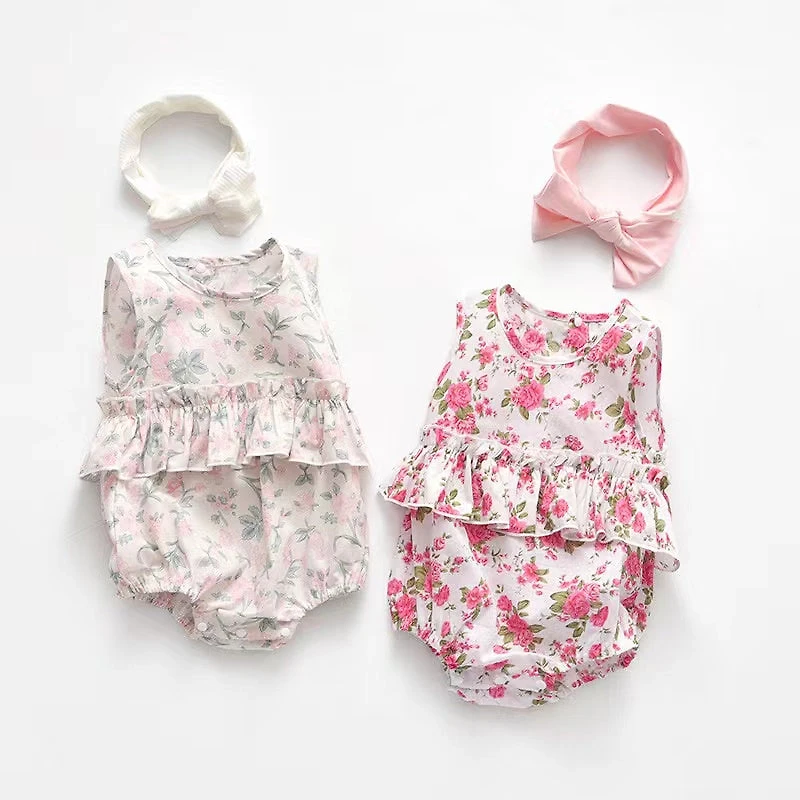 MyKids-USA Baby Girl Floral Print Graphic Ruffle Design Sleeveless bodysuit & Headband
