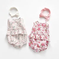 MyKids-USA Baby Girl Floral Print Graphic Ruffle Design Sleeveless bodysuit & Headband