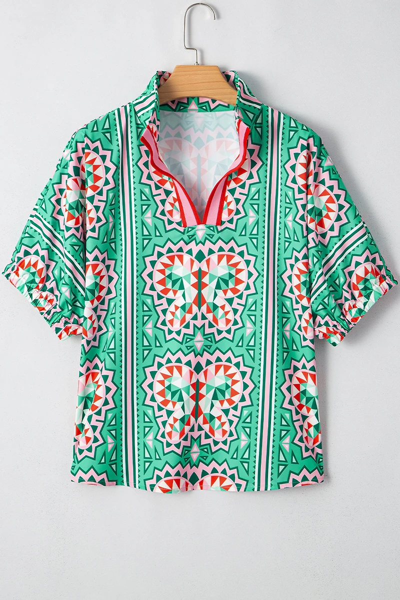 Threaded Pear Women's Kamiyah Boho Abstract Striped Collared V Neck Blouse
