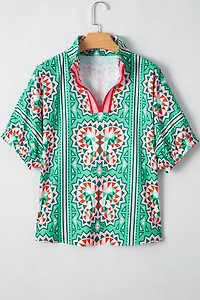 Threaded Pear Women's Kamiyah Boho Abstract Striped Collared V Neck Blouse