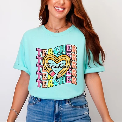 Simply Sage Market - Teacher Pencil Heart Women's Garment Dyed Graphic T-Shirt