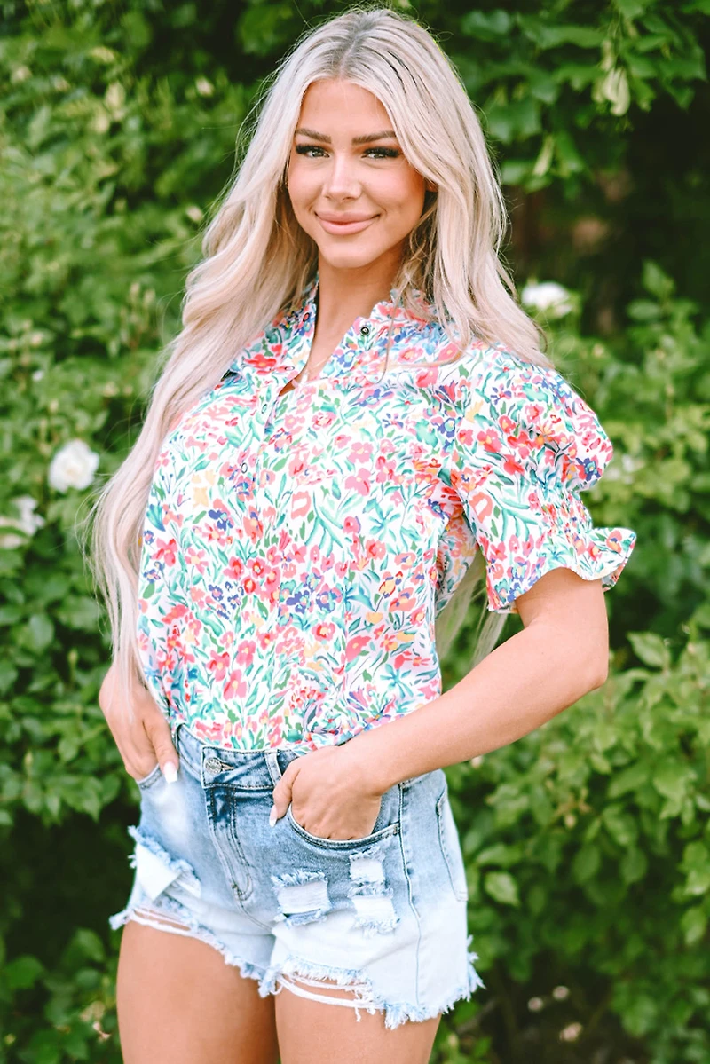 Threaded Pear Women's Azaria Floral Print Button Split Neck Puff Sleeve Blouse