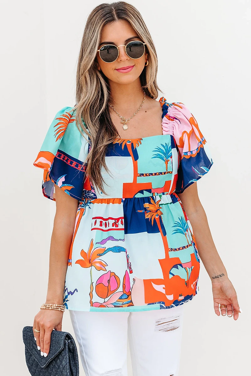 Threaded Pear Women's Payton Tropical Flutter Sleeve Babydoll Blouse