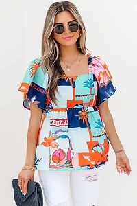 Threaded Pear Women's Payton Tropical Flutter Sleeve Babydoll Blouse