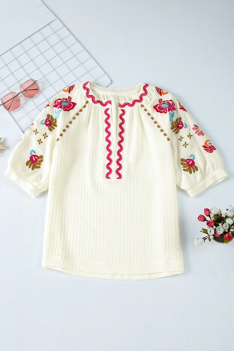 Threaded Pear Women's August Floral Embroidered Puff Sleeve Blouse