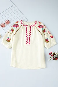 Threaded Pear Women's August Floral Embroidered Puff Sleeve Blouse