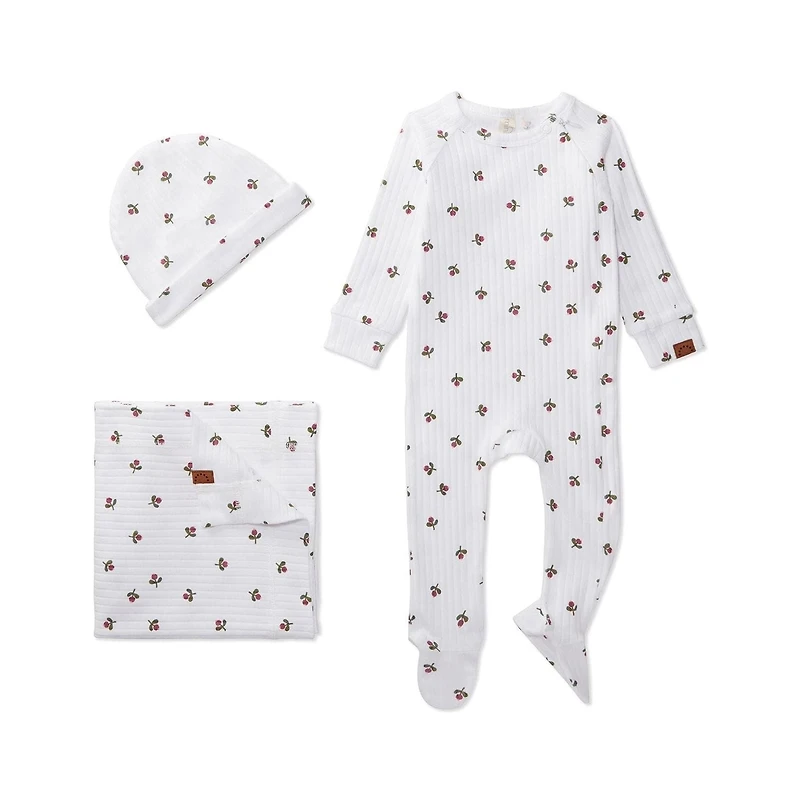 MeMoi 3 Piece Baby Girls "Flower Bud" Ribbed Cotton Rich Footie Set