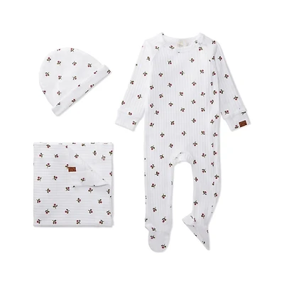 MeMoi 3 Piece Baby Girls "Flower Bud" Ribbed Cotton Rich Footie Set