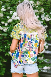 Threaded Pear Women's Samira Bubble Sleeve Lace Trim Floral Blouse