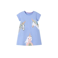 MyKids-USA Summer Arrival Unicorn Cartoon Pattern Short Sleeves Dress for Stylish Girls