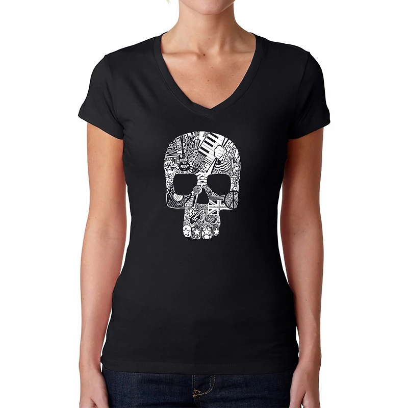LA Pop Art Womens Word V-Neck T-Shirt - Rock n Roll Skull