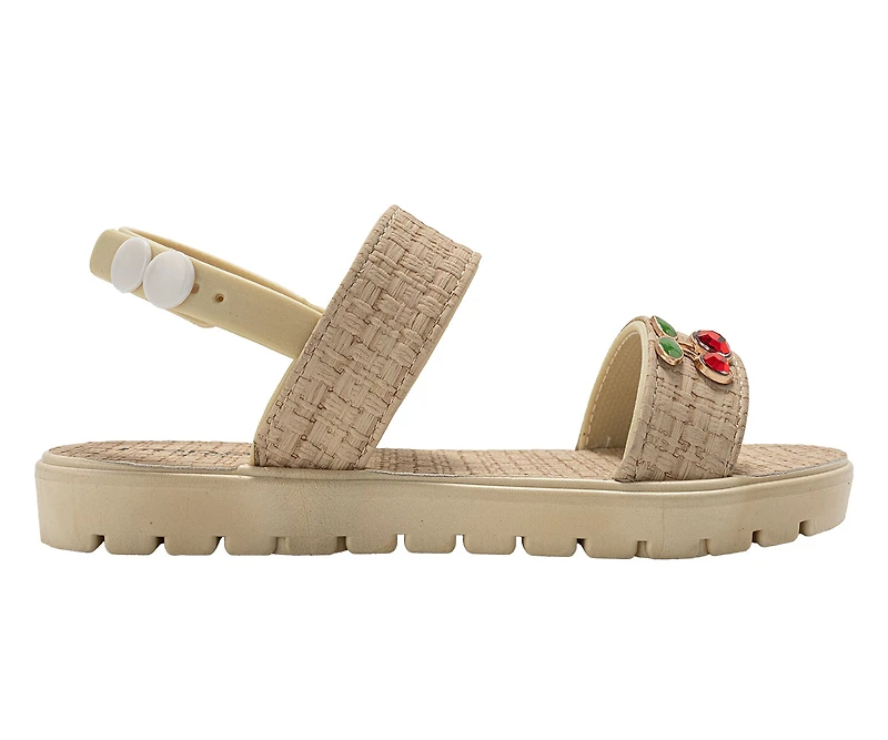 bebe Girl's Embossed Woven Sandals with Fruit Charm Accent