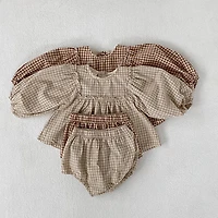 MyKids-USA Baby Girl Plaid Pattern Loose Blouses With Shorts Sets