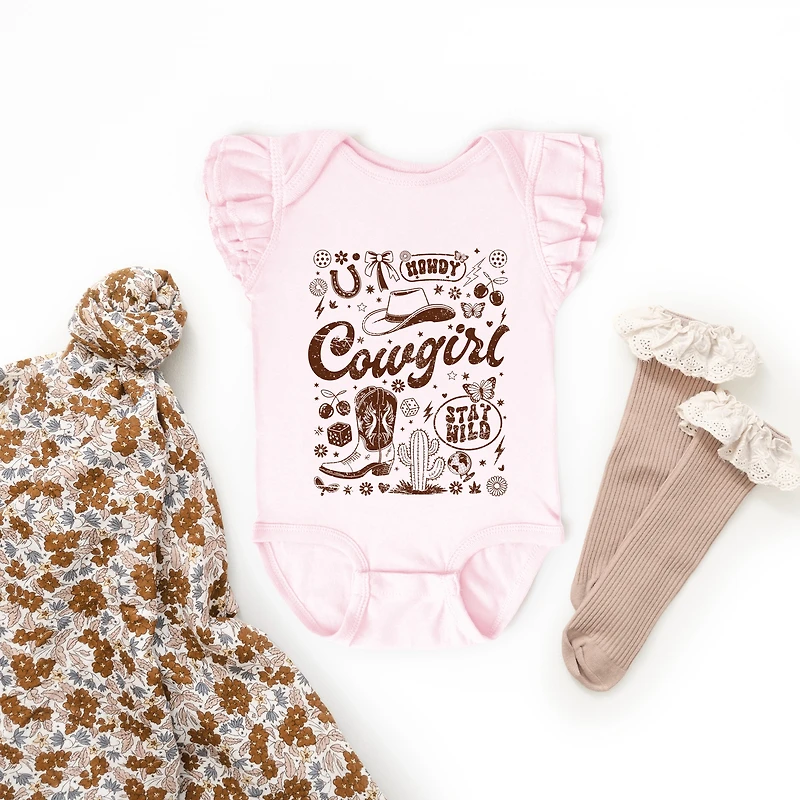 The Juniper Shop - Cowgirl Sketched Icons Baby Flutter Sleeve Bodysuit