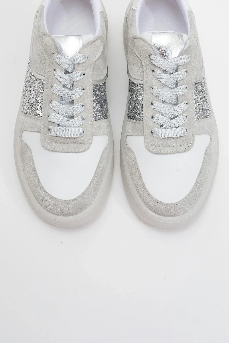 Forever & Always Womens Felipe Glitter Leather Sneakers