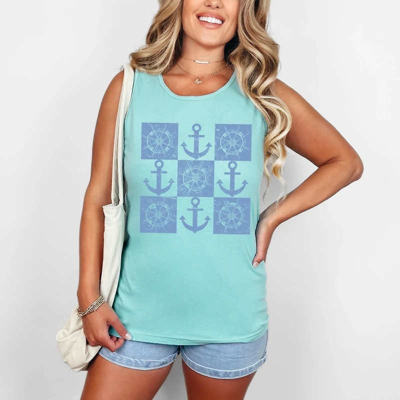 Simply Sage Market - Anchor Wheel Grid Women's Garment Dyed Graphic Tank Top