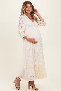 PinkBlush Womens Ivory Floral Lace 3/4 Ruffle Sleeve V-Neck Maternity Maxi Dress
