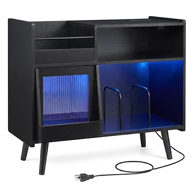 SUGIFT LED Light Record Player Stand with Charging Station 66-lb Tabletop Capacity Rustic Brown Black