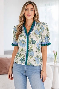 Threaded Pear Women's Mila Trim Short Sleeve Blouse