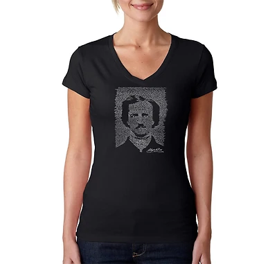 LA Pop Art Womens Word V-Neck T-Shirt - Edgar Allen Poe The Raven