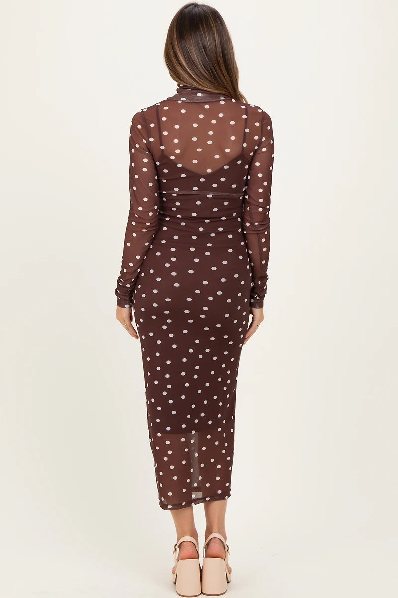 PinkBlush Womens Mocha Polka Dot Mesh Overlay Maternity Midi Dress