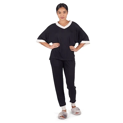 MeMoi Women's Contrast Trim Loose Fit Modal Short Sleeve and Pants Set