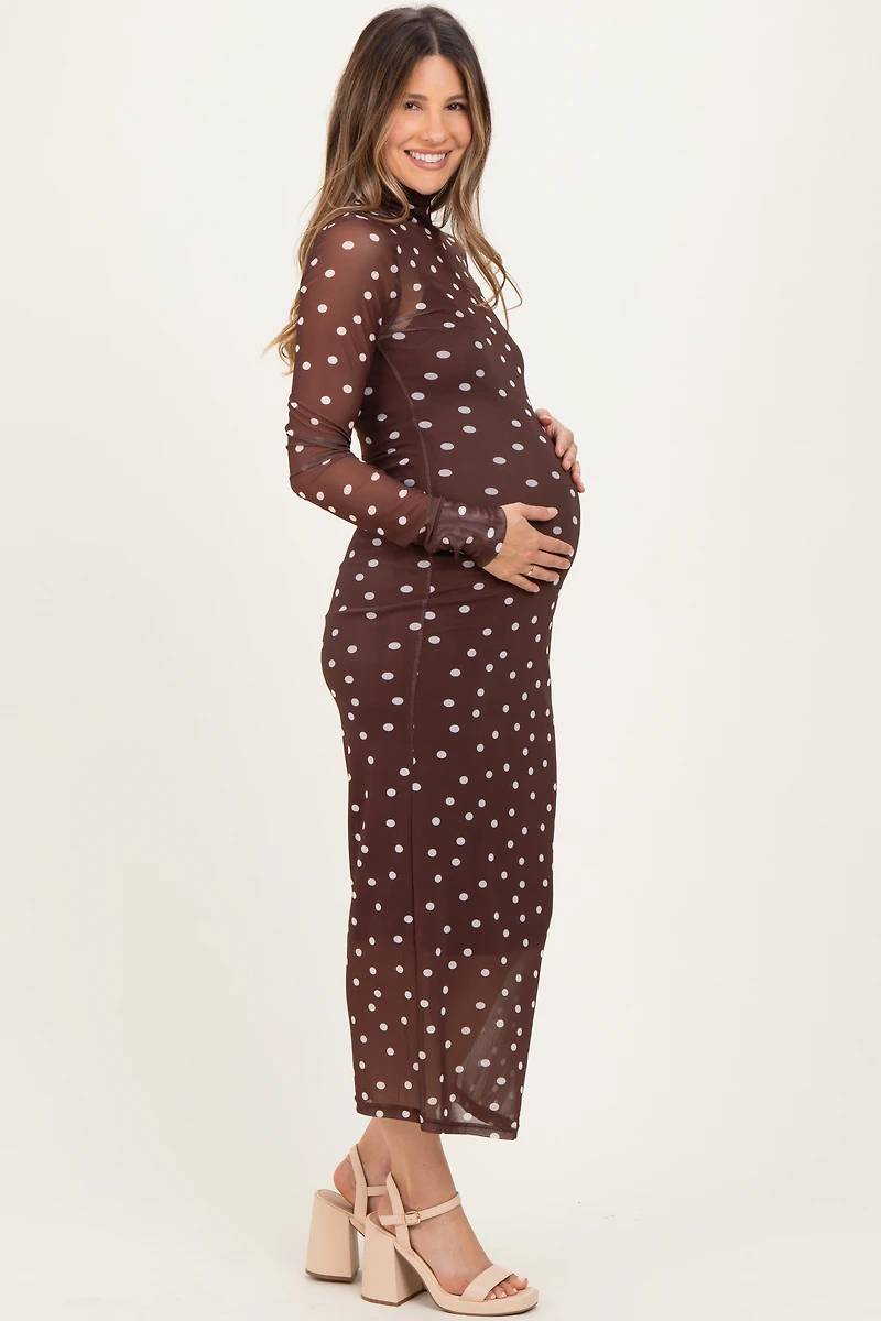 PinkBlush Womens Mocha Polka Dot Mesh Overlay Maternity Midi Dress