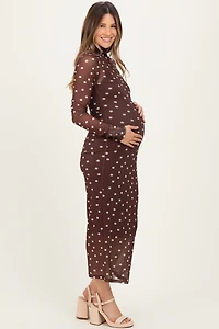 PinkBlush Womens Mocha Polka Dot Mesh Overlay Maternity Midi Dress