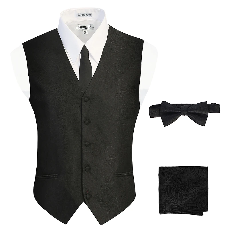 Gioberti Men's Formal 4pc Metallic Paisley Vest Necktie Bowtie and Pocket Square