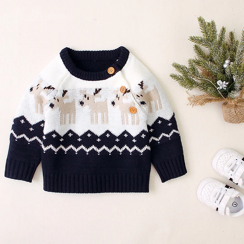 MyKids-USA Baby Cartoon Christmas Deer Pattern Shoulder Button Design Knitted Pullover Sweater