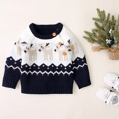 MyKids-USA Baby Cartoon Christmas Deer Pattern Shoulder Button Design Knitted Pullover Sweater