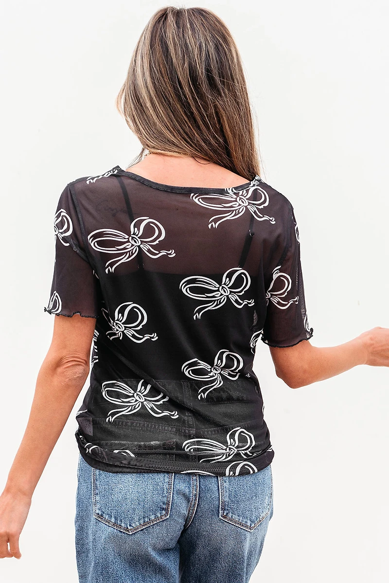 Threaded Pear Women's Maddie Bow Mesh Short Sleeve Top