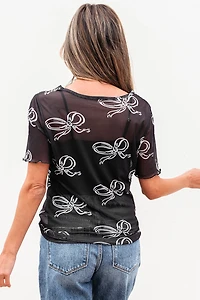 Threaded Pear Women's Maddie Bow Mesh Short Sleeve Top