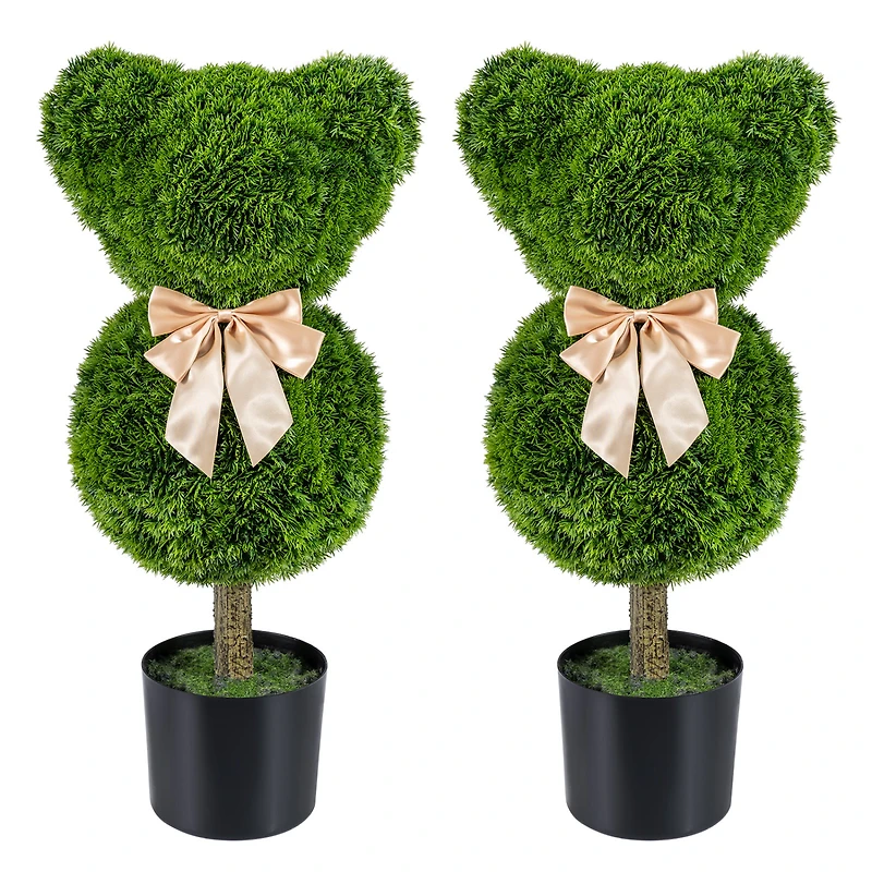 Slickblue Set of 2 Artificial Bear Topiary Trees with Pots 24.5 In Green Decor