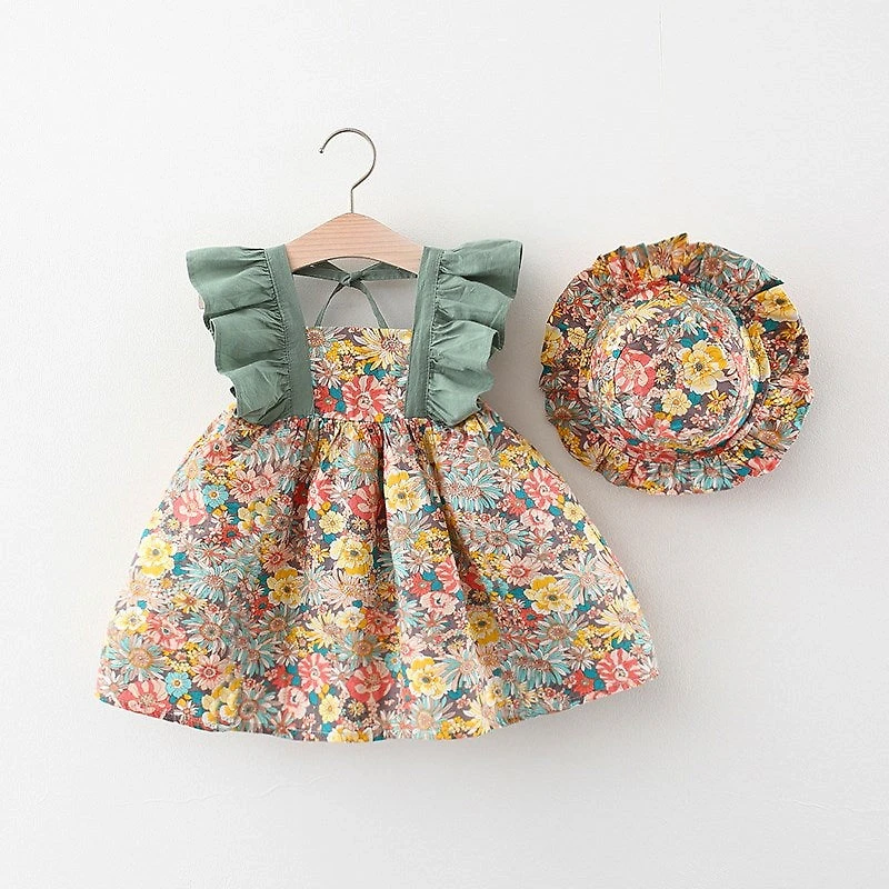 MyKids-USA Baby Girl Floral Dress with Butterfly Sleeves and Matching Hat
