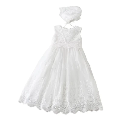 Laurenza's Baby Girls Lace Sleeveless Christening Gown with Bonnet