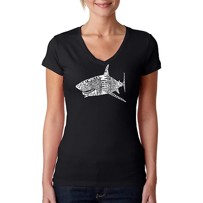 LA Pop Art Womens Word V-Neck T-Shirt - Species Of Shark