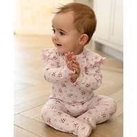 MeMoi Baby and Toddler Girls Cotton Rich Ruffle-Sleeve Floral Footie