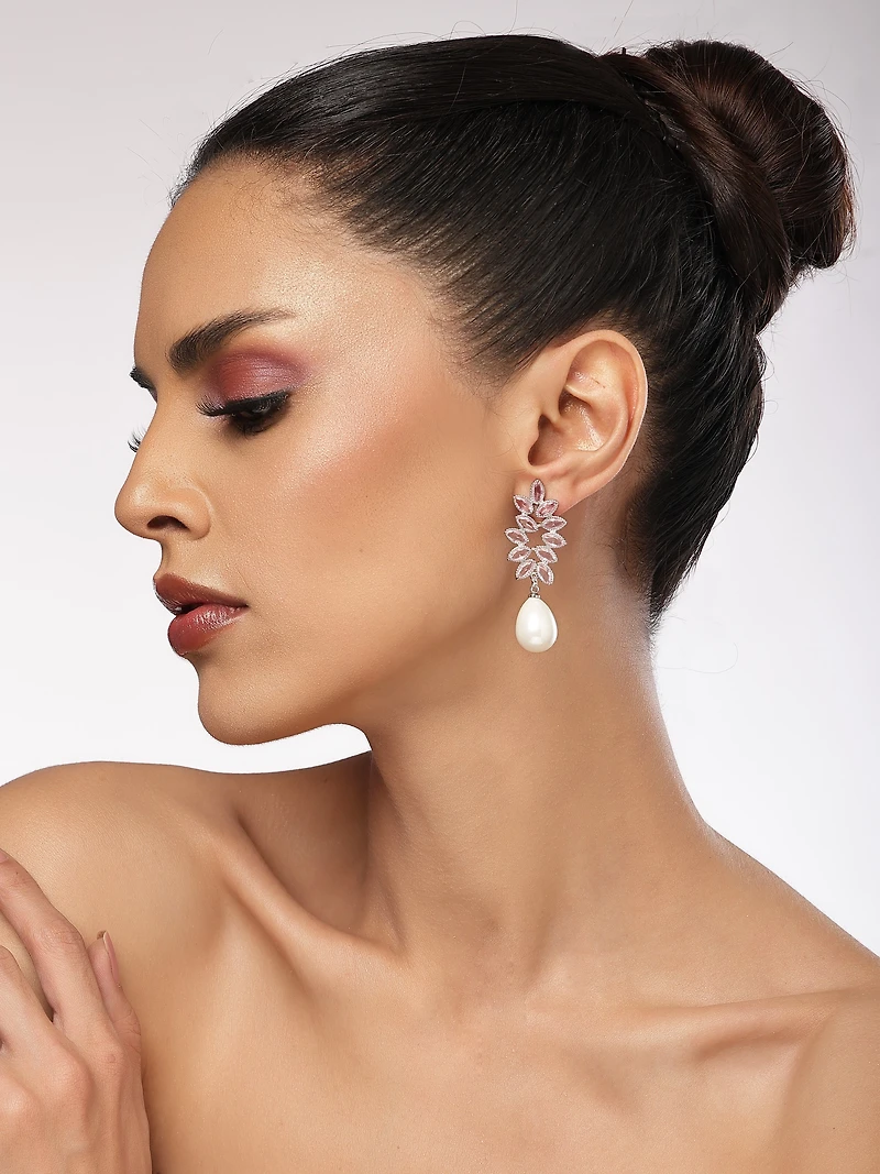 AGP PARIS Womens Marquise Leaf Pearl Drop Earrings
