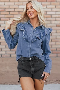 Threaded Pear Women's Trinity Denim Ruffled Casual Top
