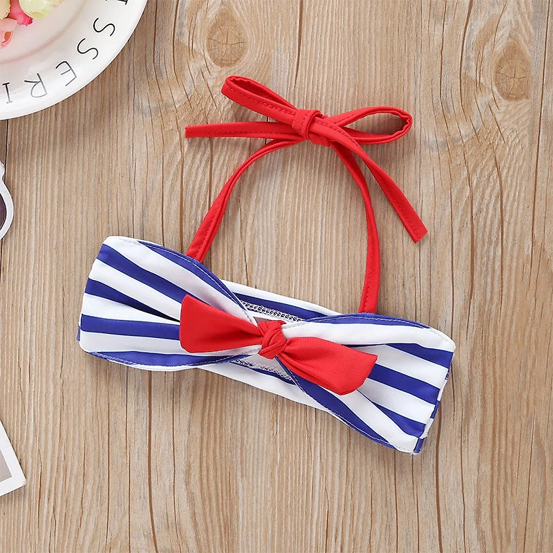 MyKids-USA Baby Girl Striped Pattern Bow Tie Design Belted Tops Combo Shorts Swimwear