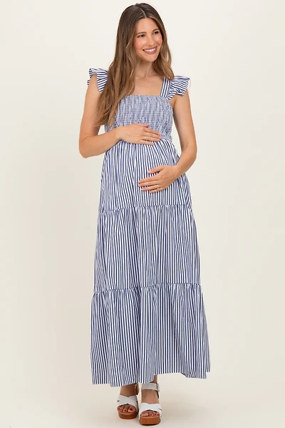 PinkBlush Womens Navy Striped Ruffle Strap Smocked Maternity Maxi Dress