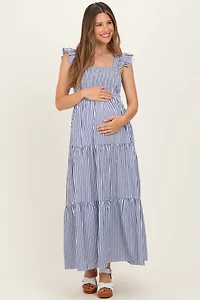 PinkBlush Womens Navy Striped Ruffle Strap Smocked Maternity Maxi Dress